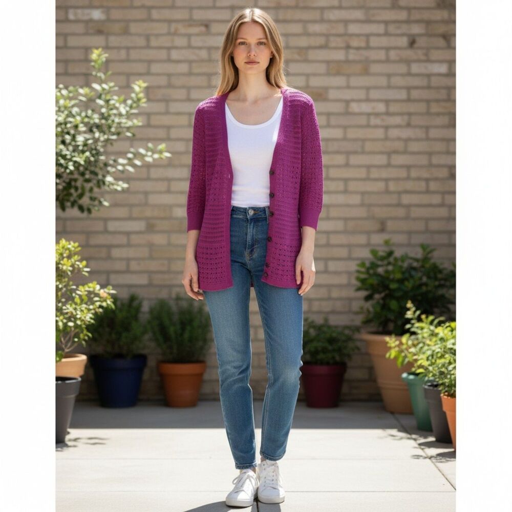 DKNY Jeans Magenta V nNeck 3/4 Sleeve Knit Button Up Tunic Cardigan size L